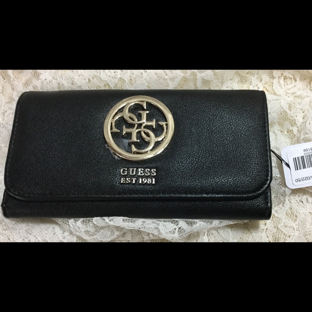 NWT $FIRM$ GUESS BLACK WALLET TRIFOLD, SNAP
